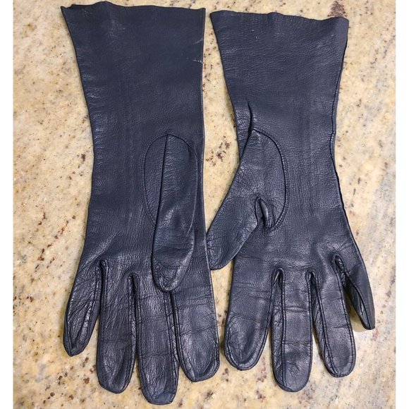Vintage Size S/M 6.5 Blue Leather Formal 11.5" Long Gloves Stitching Detail - Picture 4 of 10